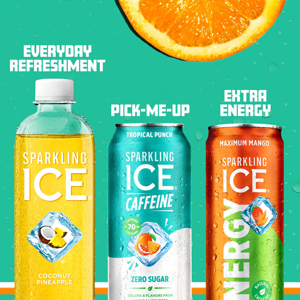 Sparkling Ice lata sobre mesa junto a vaso con hielo, ideal para servir frío