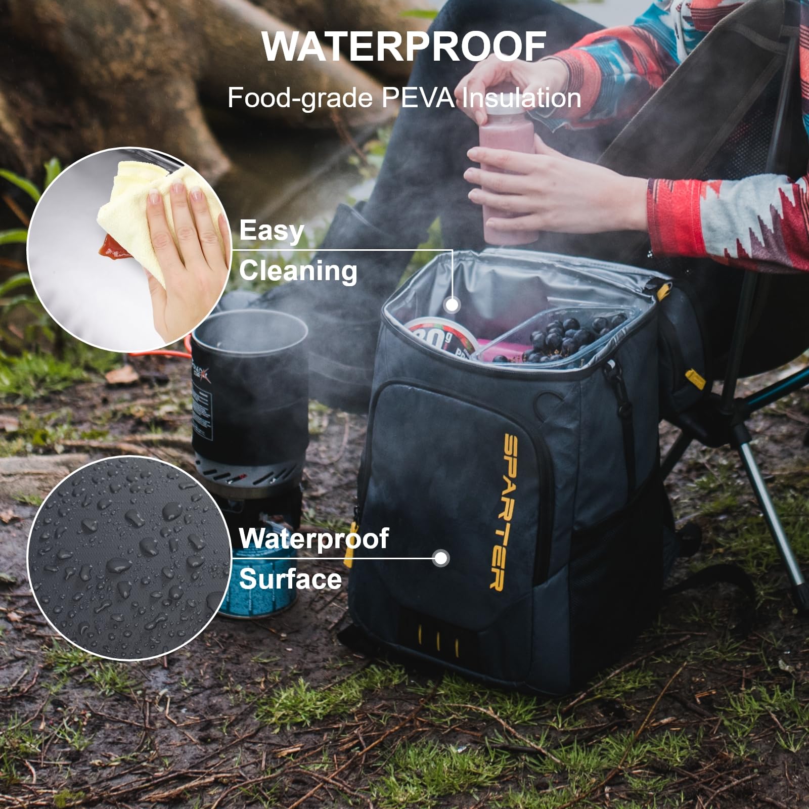 SPARTER bolsillos laterales y frontal para guardar accesorios y snacks