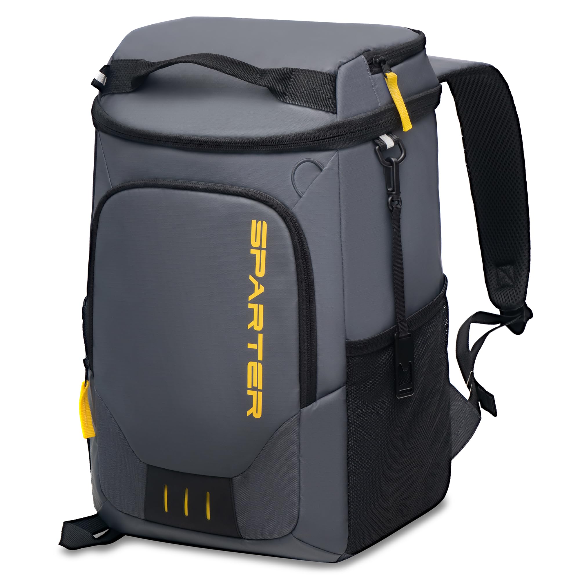 SPARTER mochila nevera frontal mostrando capacidad y cierre seguro