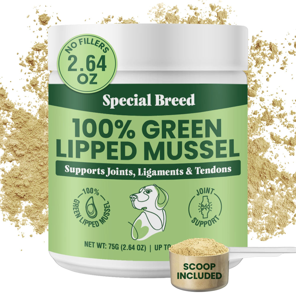 Special Breed envase frontal mostrando polvo de mejillón y beneficios
