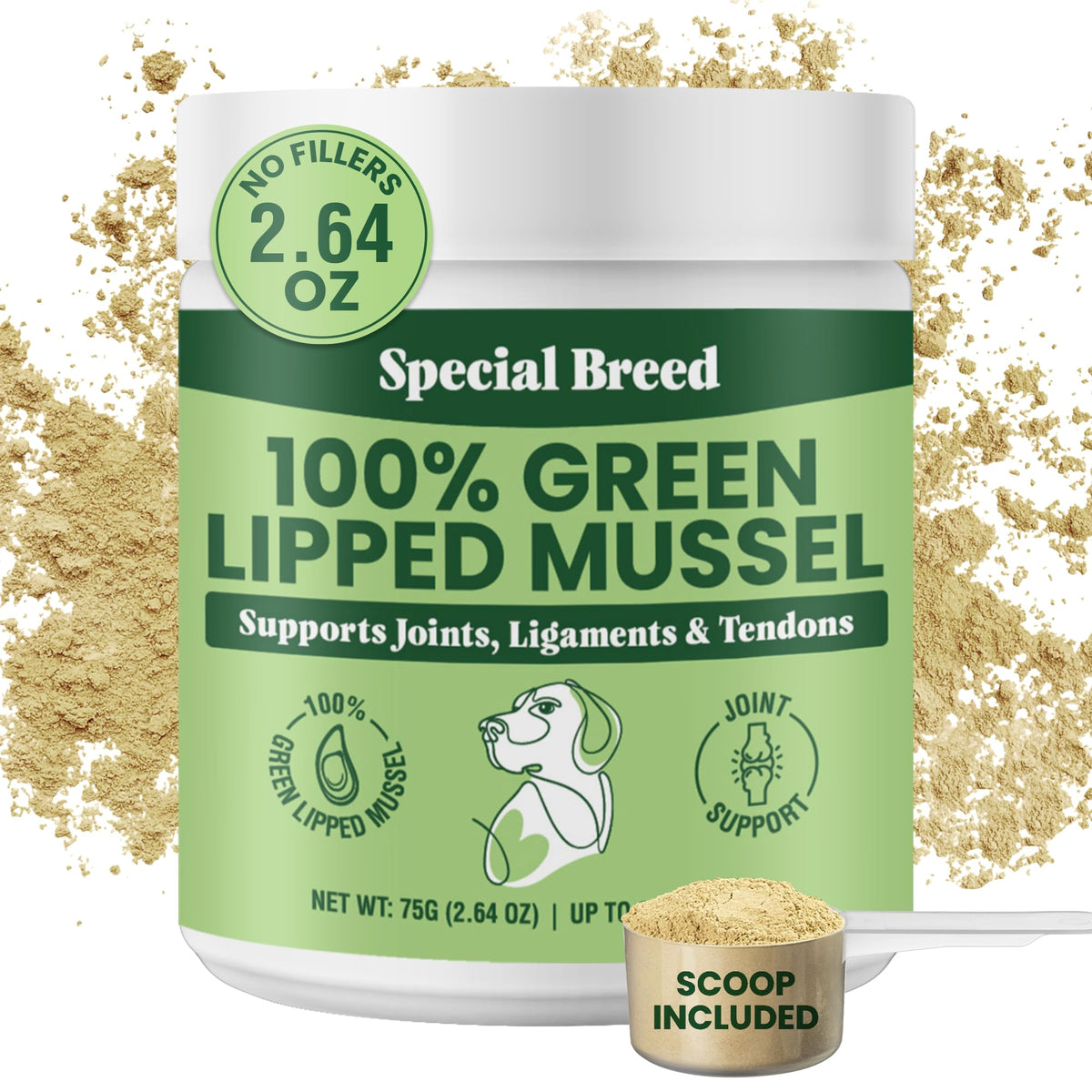Special Breed envase frontal mostrando polvo de mejillón y beneficios