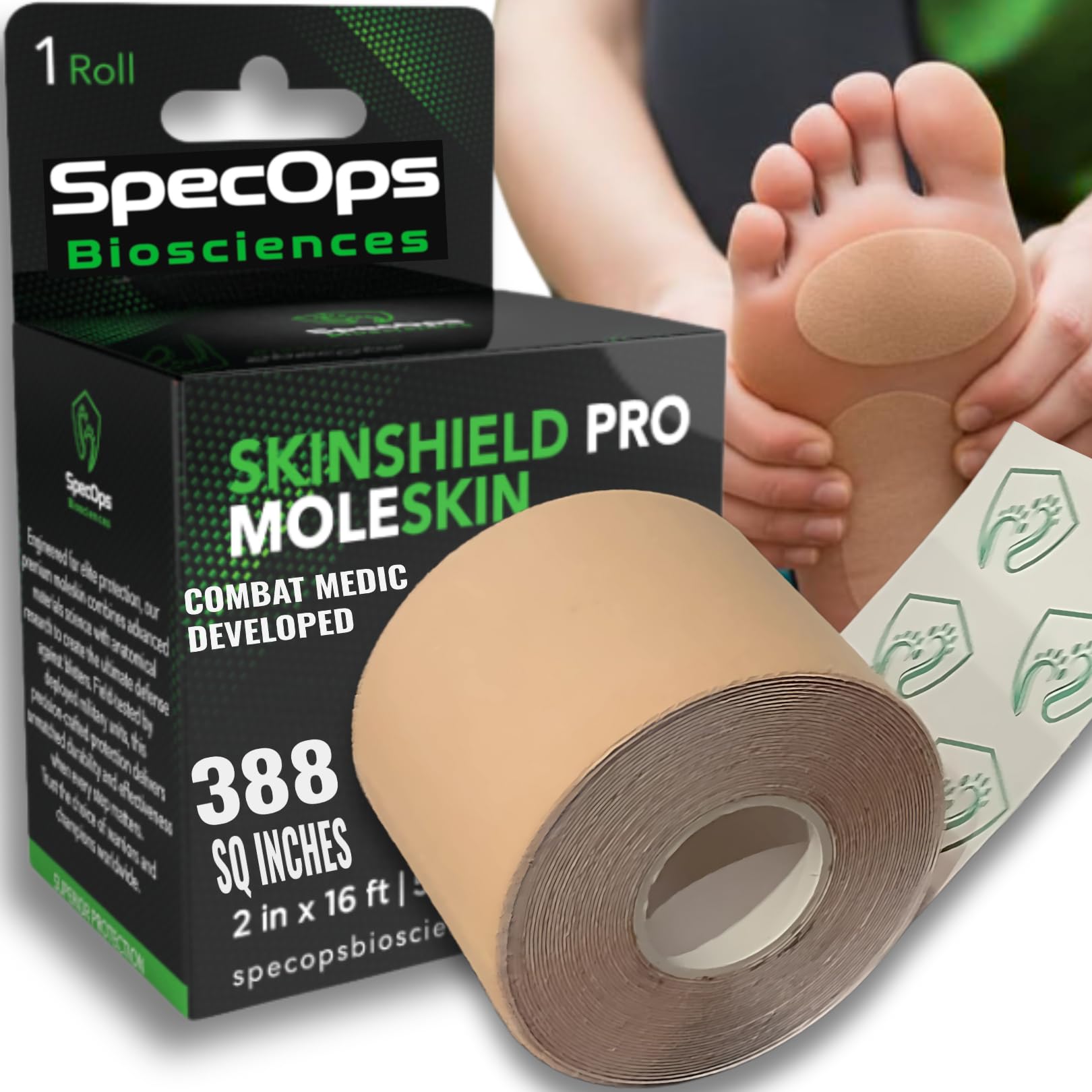 SpecOps Biosciences empaque frontal mostrando rollo y nombre, protección confiable
