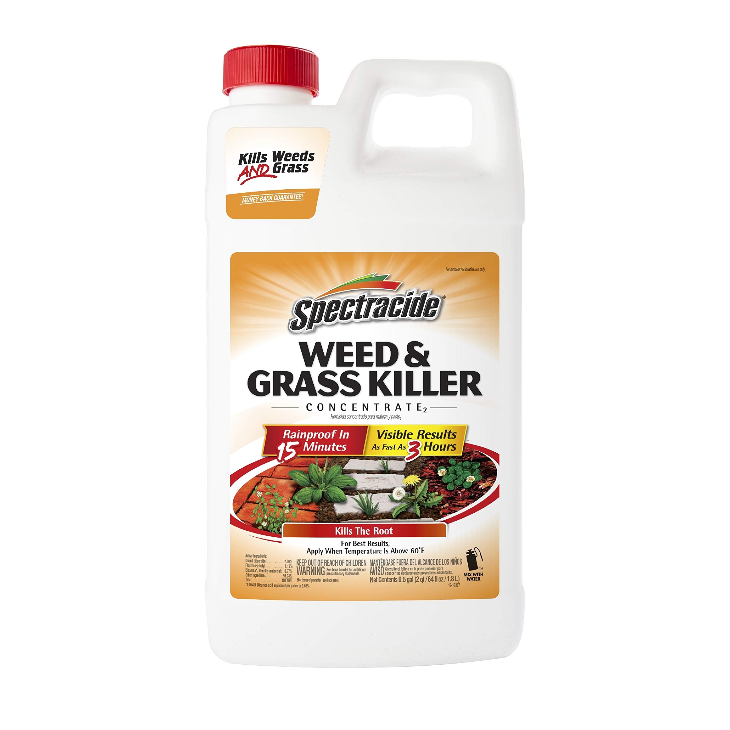 Spectracide envase frontal 64 oz mostrando etiqueta y uso