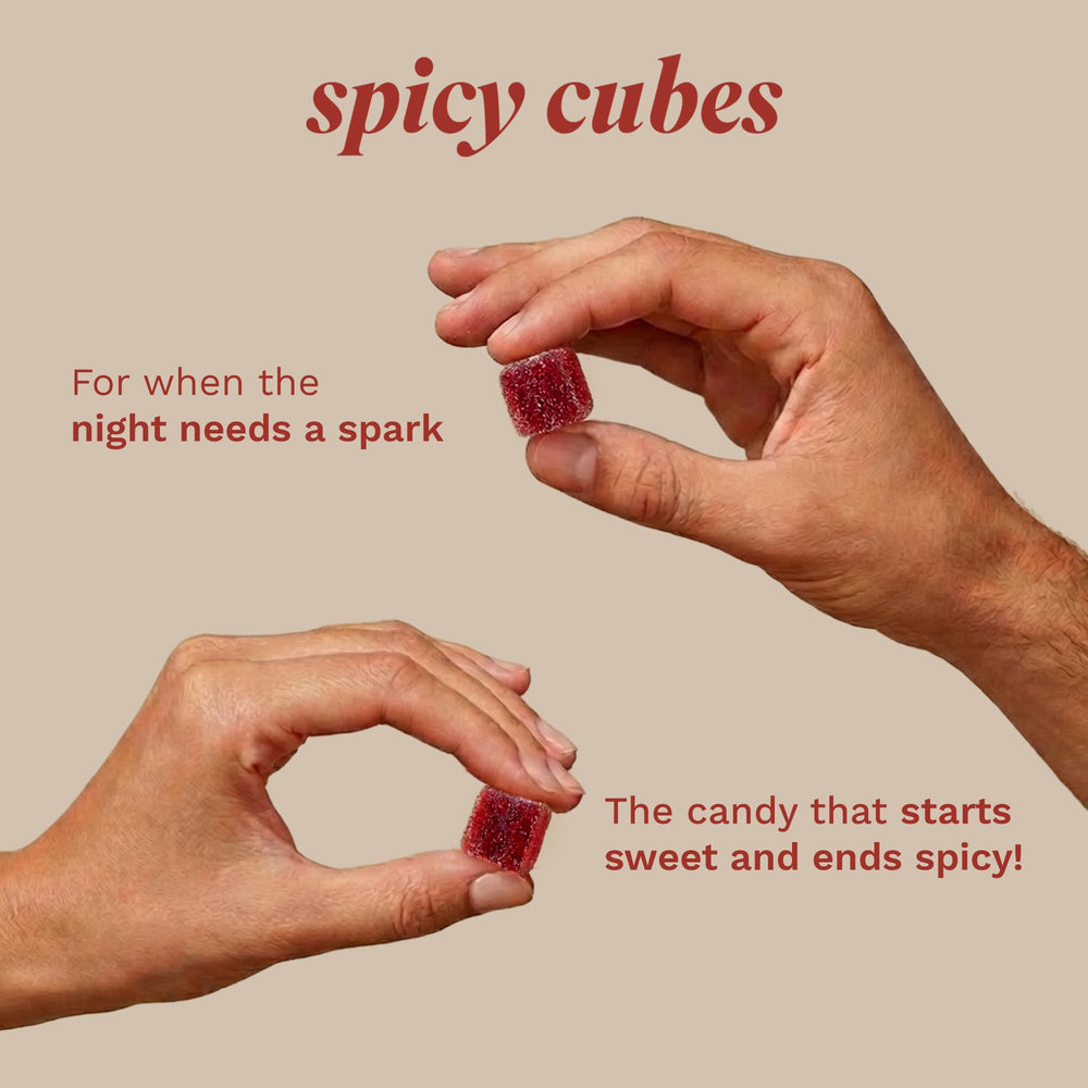Spicy Cubes etiqueta e ingredientes, maca y botánicas visibles