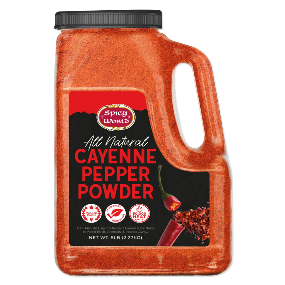 Spicy World frasco 5 lb frente mostrando envase grande y valor