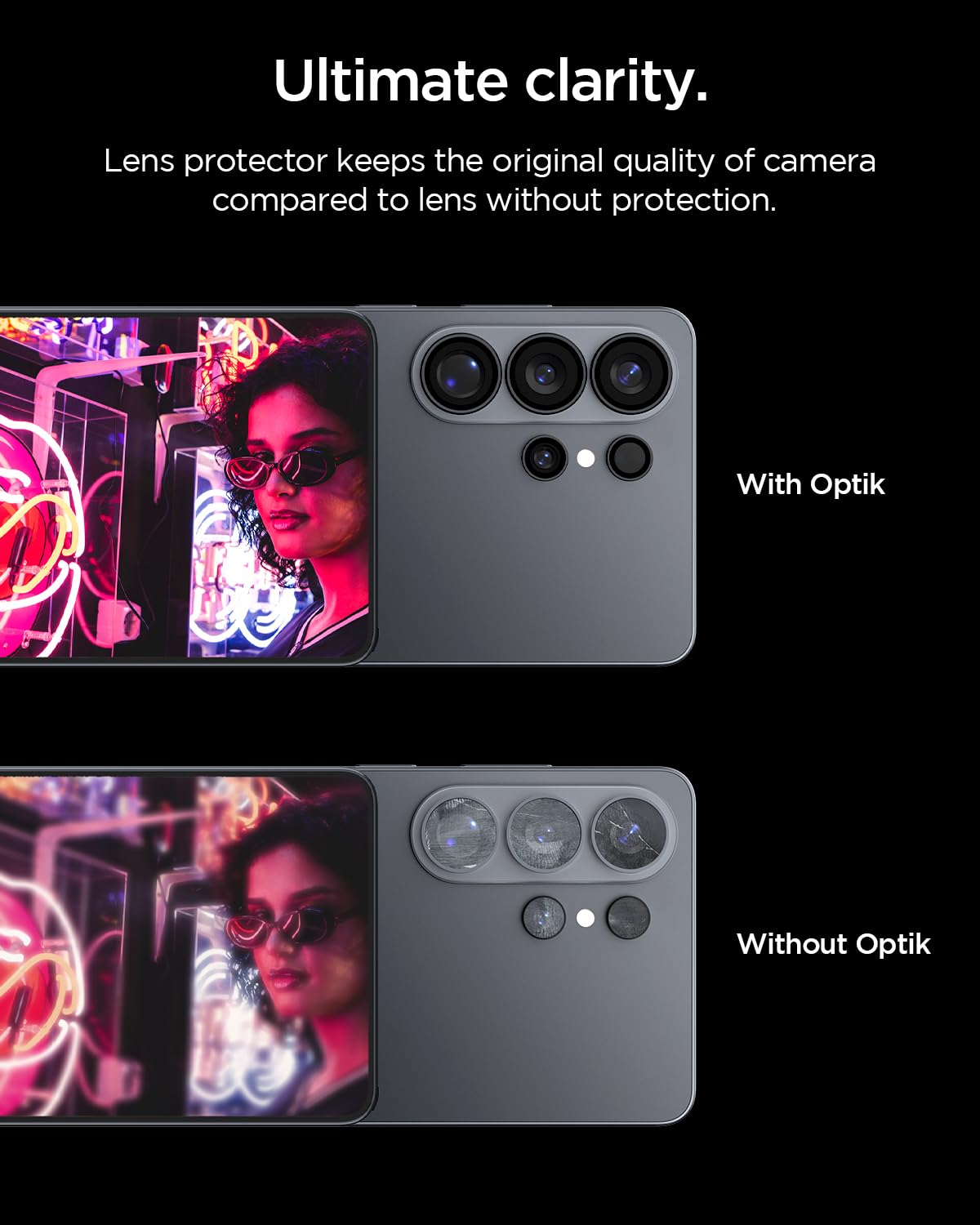 Spigen comparación de tamaño con módulo de cámara para visualizar escala exacta