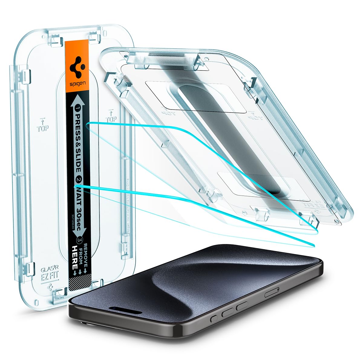Spigen protector GlasTR frontal caja mostrando ajuste perfecto