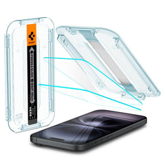 Spigen protector GlasTR frontal en su empaque mostrando dos unidades y bandeja EZ FIT