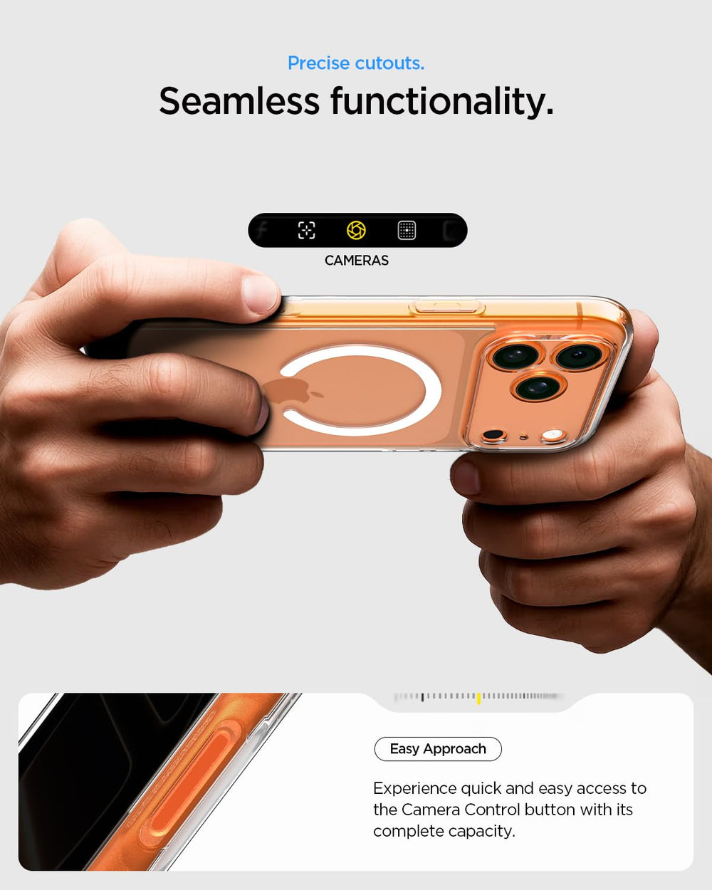 Spigen funda en mano mostrando agarre cómodo y uso diario sin añadir volumen