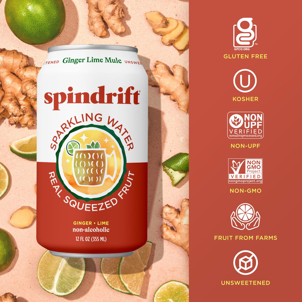 Spindrift etiqueta en primer plano indicando fruta exprimida real
