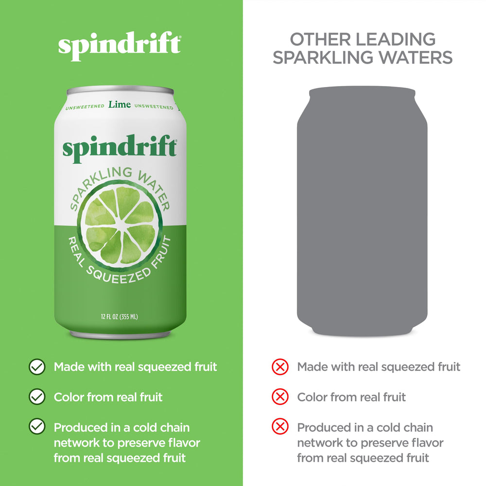 Spindrift lima fresca exprimida cerca de la lata, enfatiza jugo real