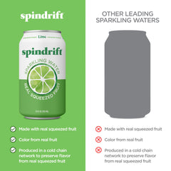 Spindrift lima fresca exprimida cerca de la lata, enfatiza jugo real