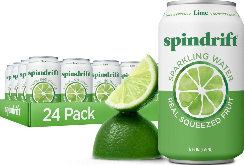Spindrift lata frontal mostrando marca y sabor lima, refresca al instante