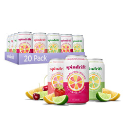 Spindrift pack frontal mostrando las 20 latas y variedad de sabores, refresco natural