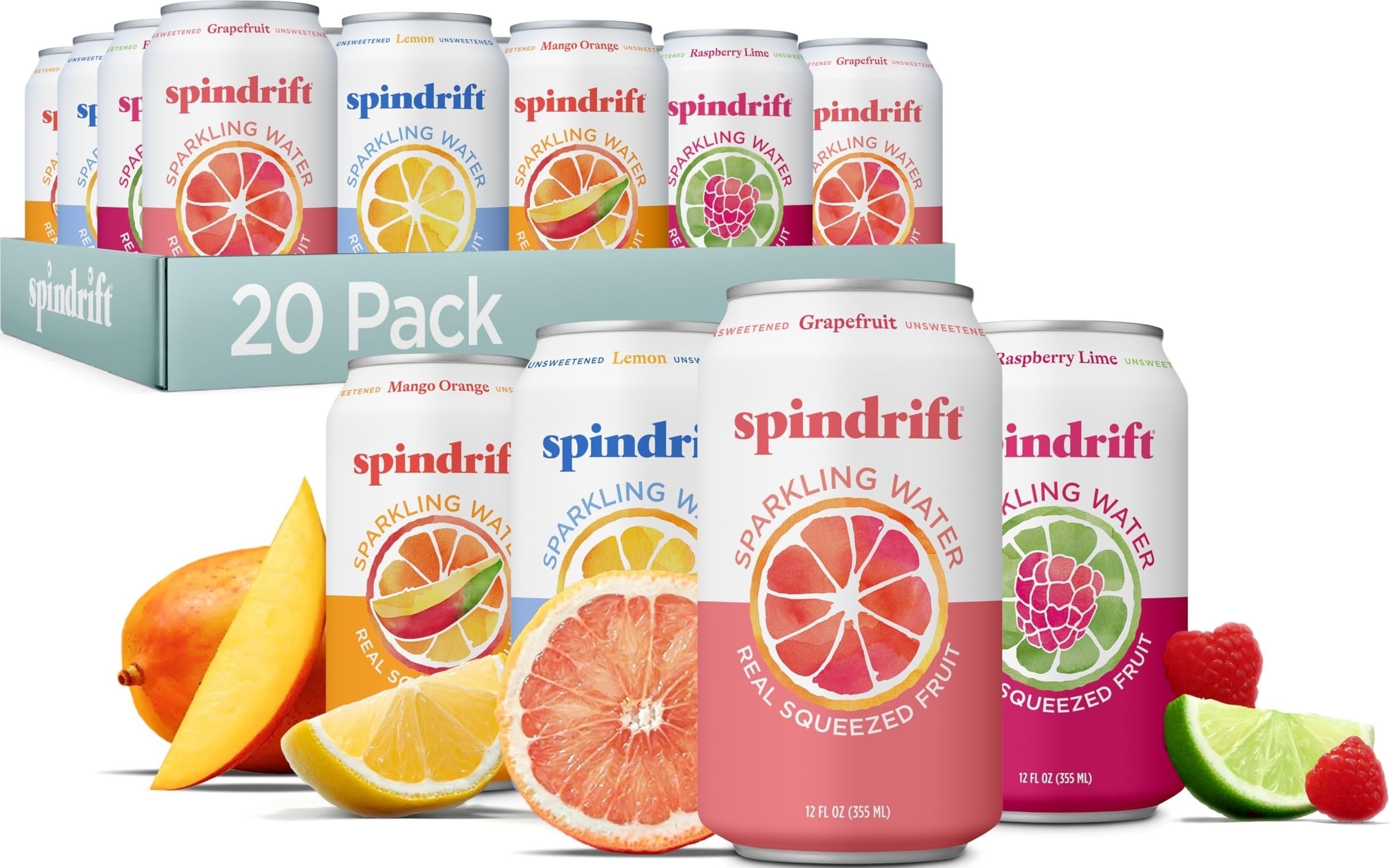 Spindrift pack 20 latas frente mostrando variedad de sabores y conveniencia