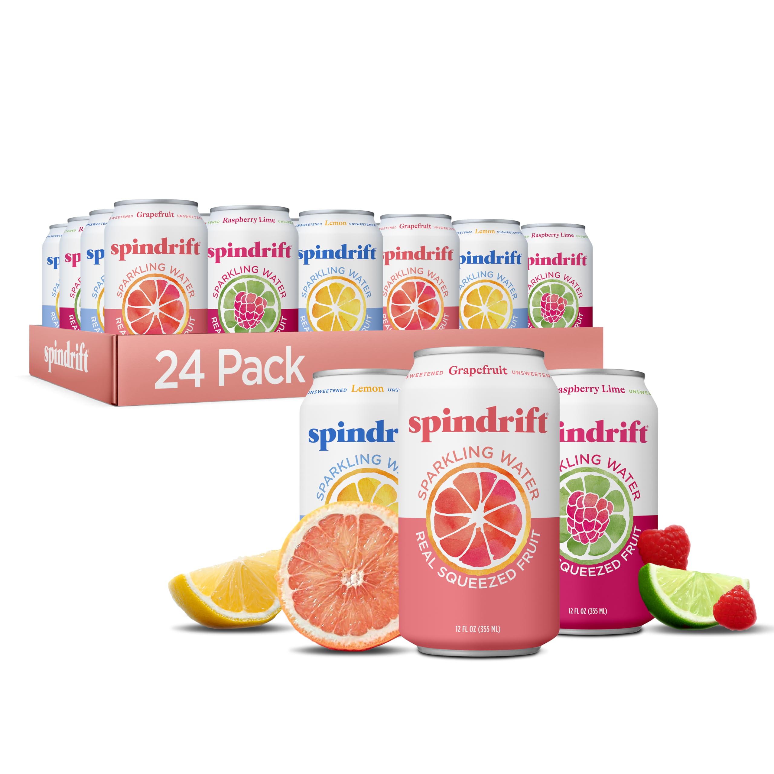 Spindrift pack variedad 24 latas visto al frente, refresco natural listo
