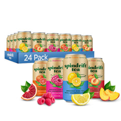 Spindrift pack frontal mostrando las 24 latas y las cuatro variedades, refresco natural
