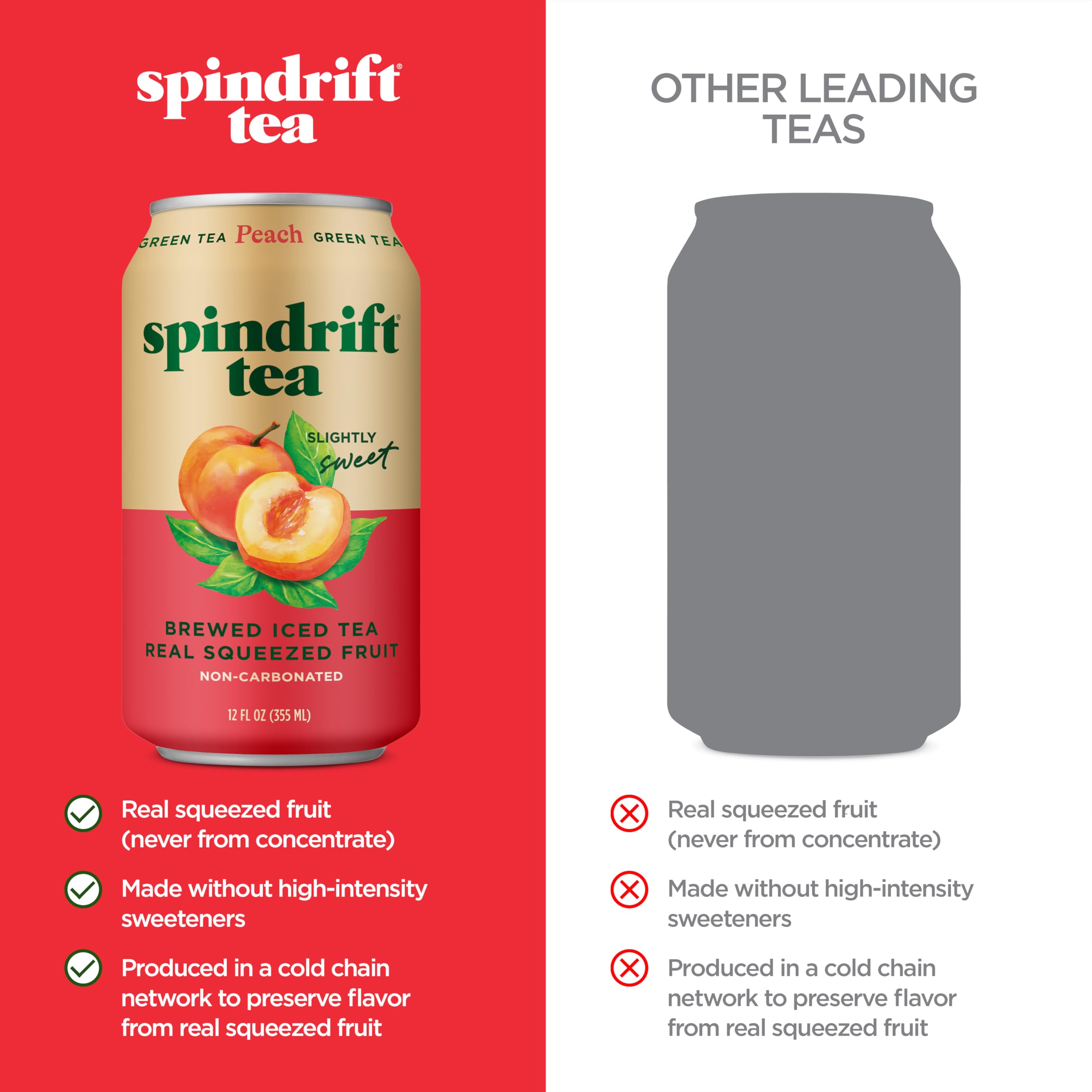 Spindrift durazno exprimido al lado de lata destacando fruta real