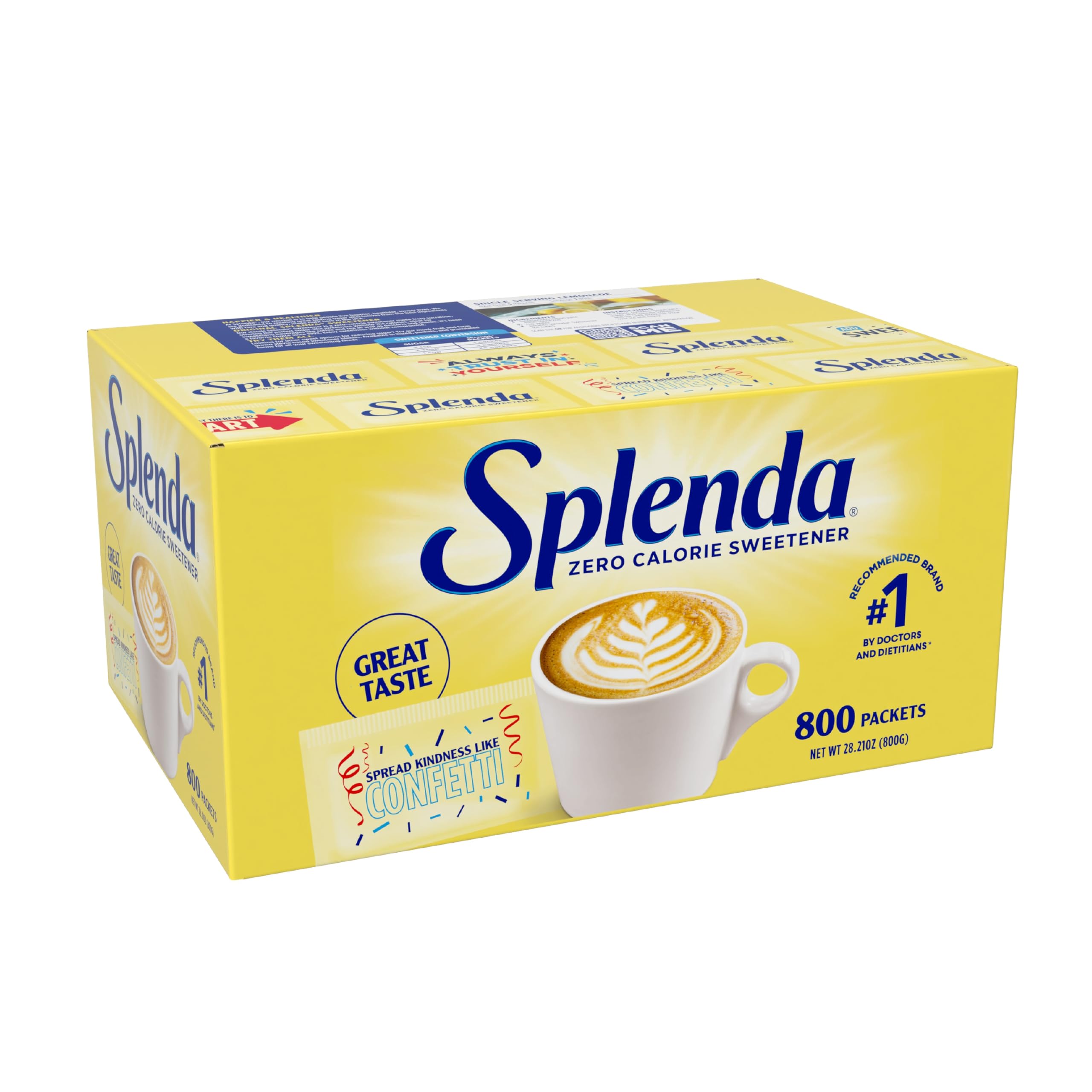 SPLENDA frente del paquete mostrando 800 sobres y señalando duración
