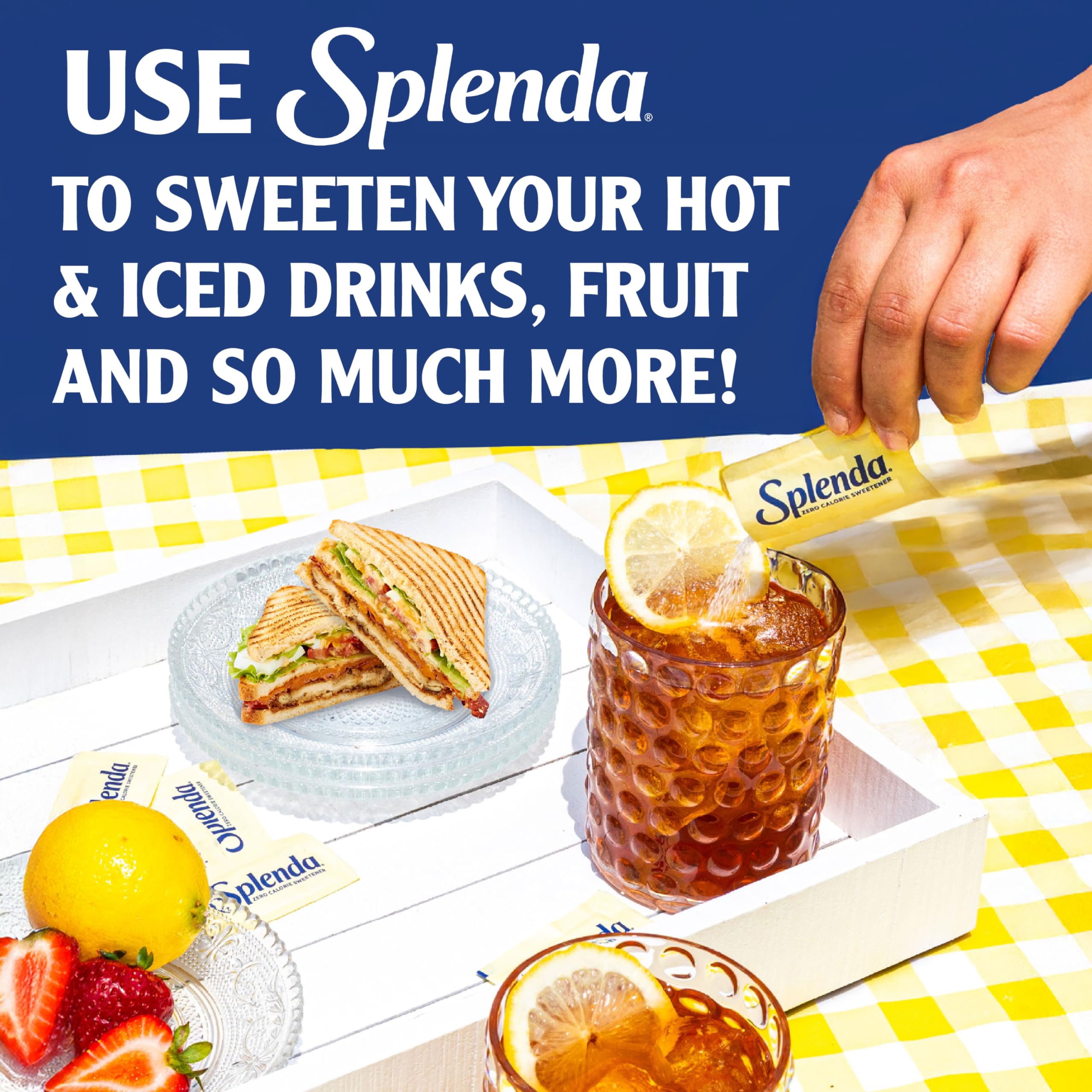 SPLENDA sobre en mano ilustrando portabilidad y dosis controlada