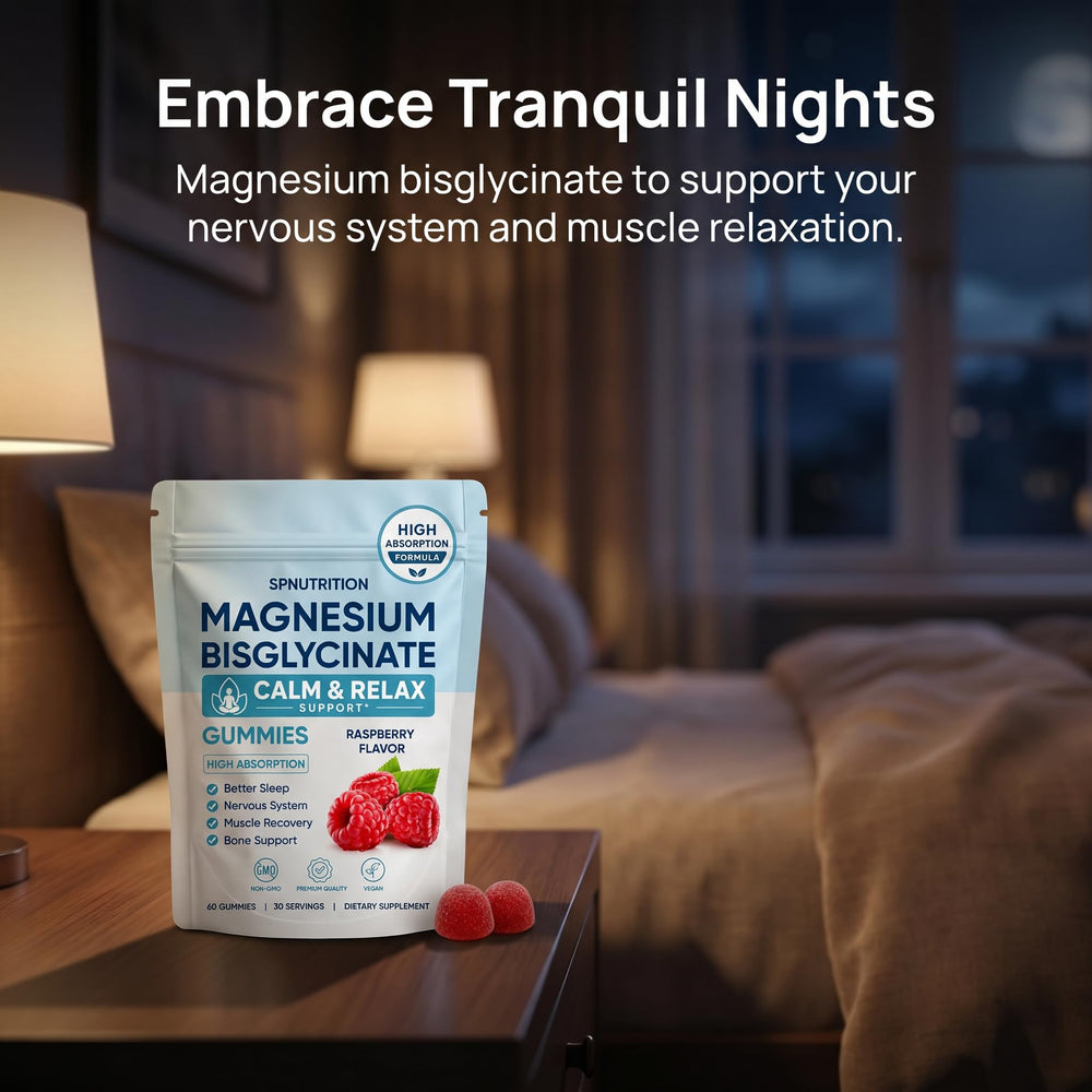 SPNUTRITION gominolas en mesita junto a libro para mostrar uso nocturno