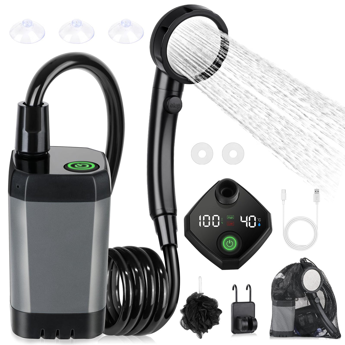 Spopal vista frontal del equipo mostrando cuerpo y boquilla, práctico para camping