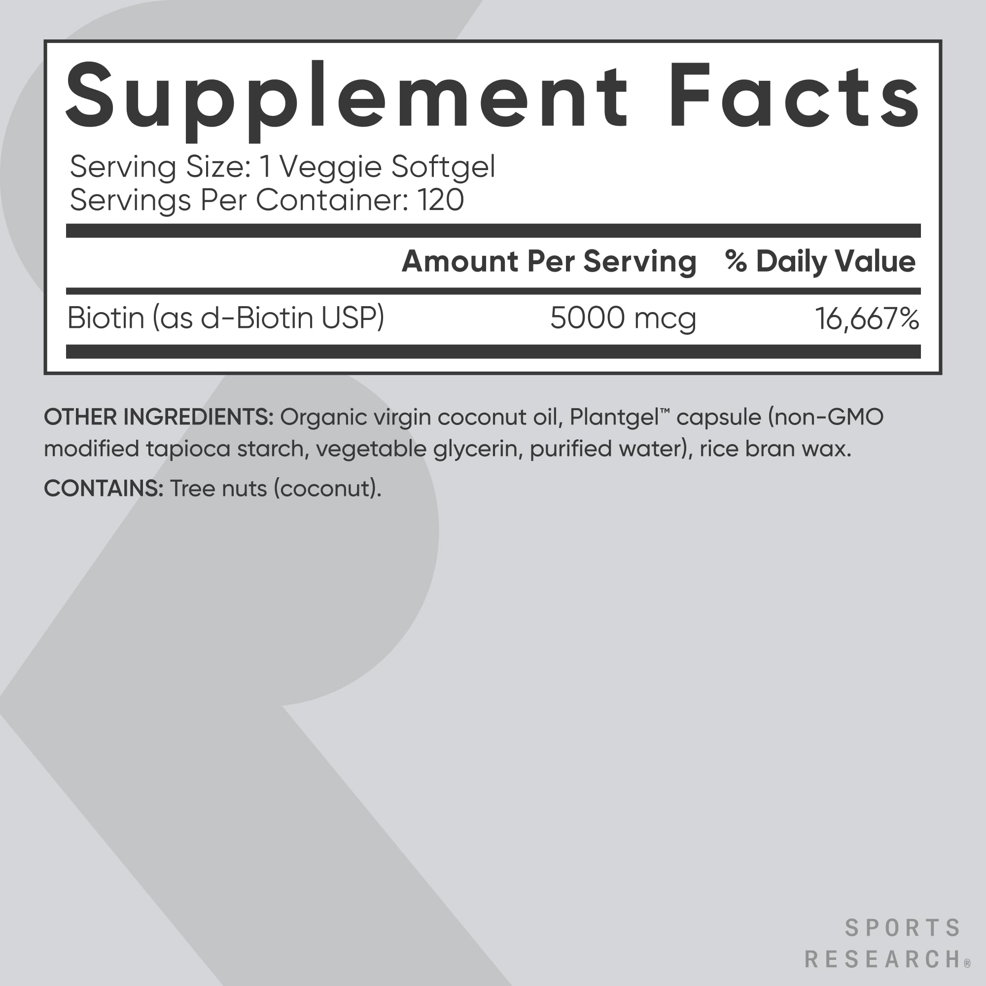 Etiqueta Sports Research con lista de ingredientes y certificaciones que aporta transparencia
