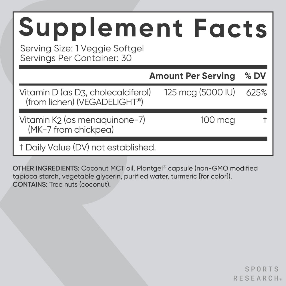 Sports Research closeup de etiqueta con dosis claras y certificaciones