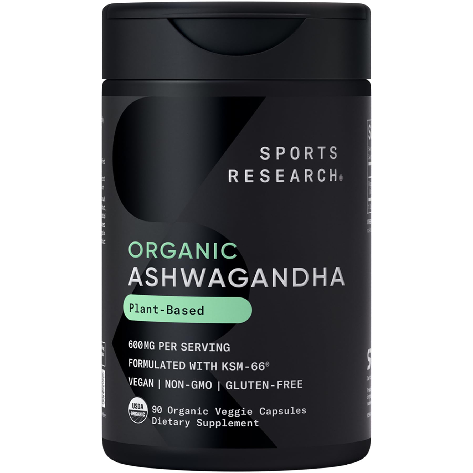 Sports Research frasco delantero de Ashwagandha mostrando etiqueta clara y dosis