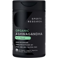 Sports Research frasco delantero de Ashwagandha mostrando etiqueta clara y dosis