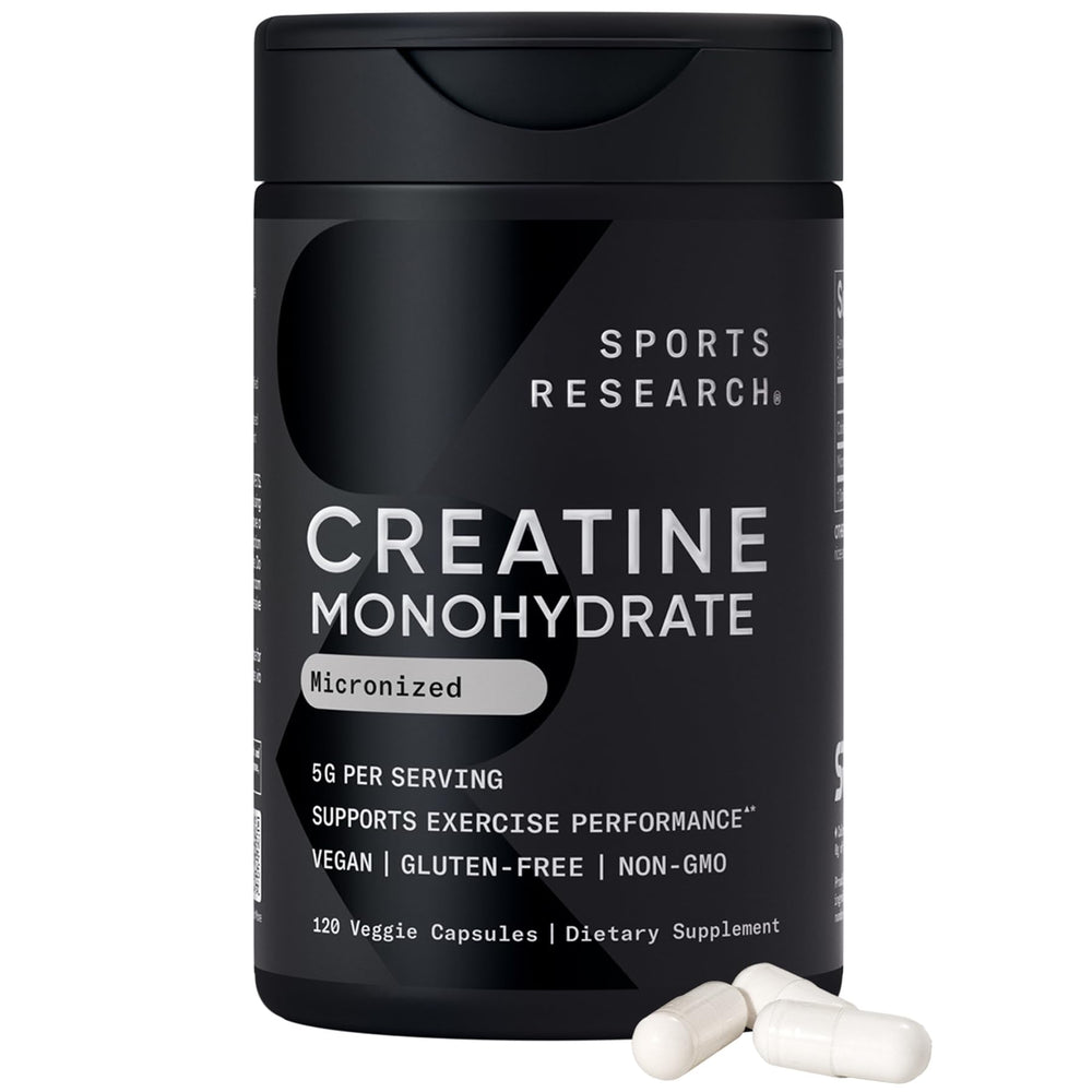 Sports Research frasco frontal mostrando 120 cápsulas y beneficios de rendimiento