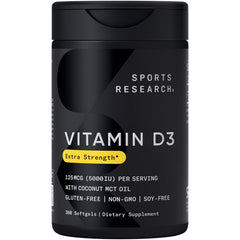 Sports Research frasco frontal de Vitamin D3 5000 IU mostrando etiqueta clara y cantidad