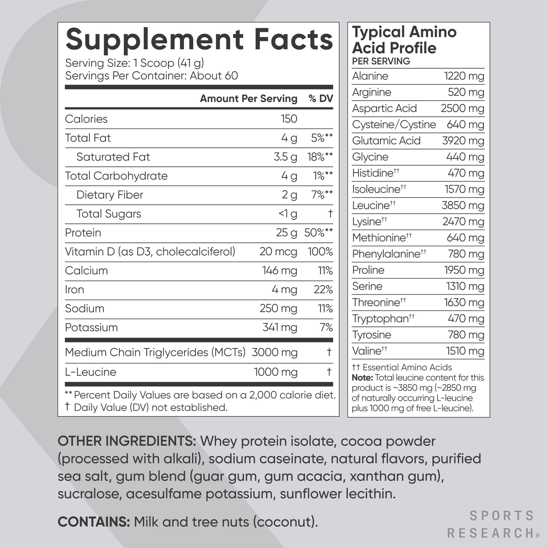 Sports Research etiqueta y lista de ingredientes que destaca no GMO y sin gluten