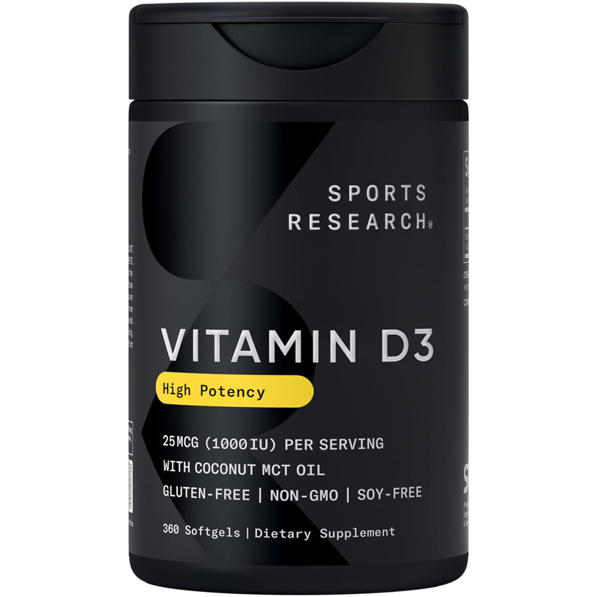 Sports Research frasco frontal mostrando 360 softgels y etiqueta clara
