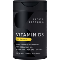 Sports Research frasco frontal mostrando 360 softgels y etiqueta clara