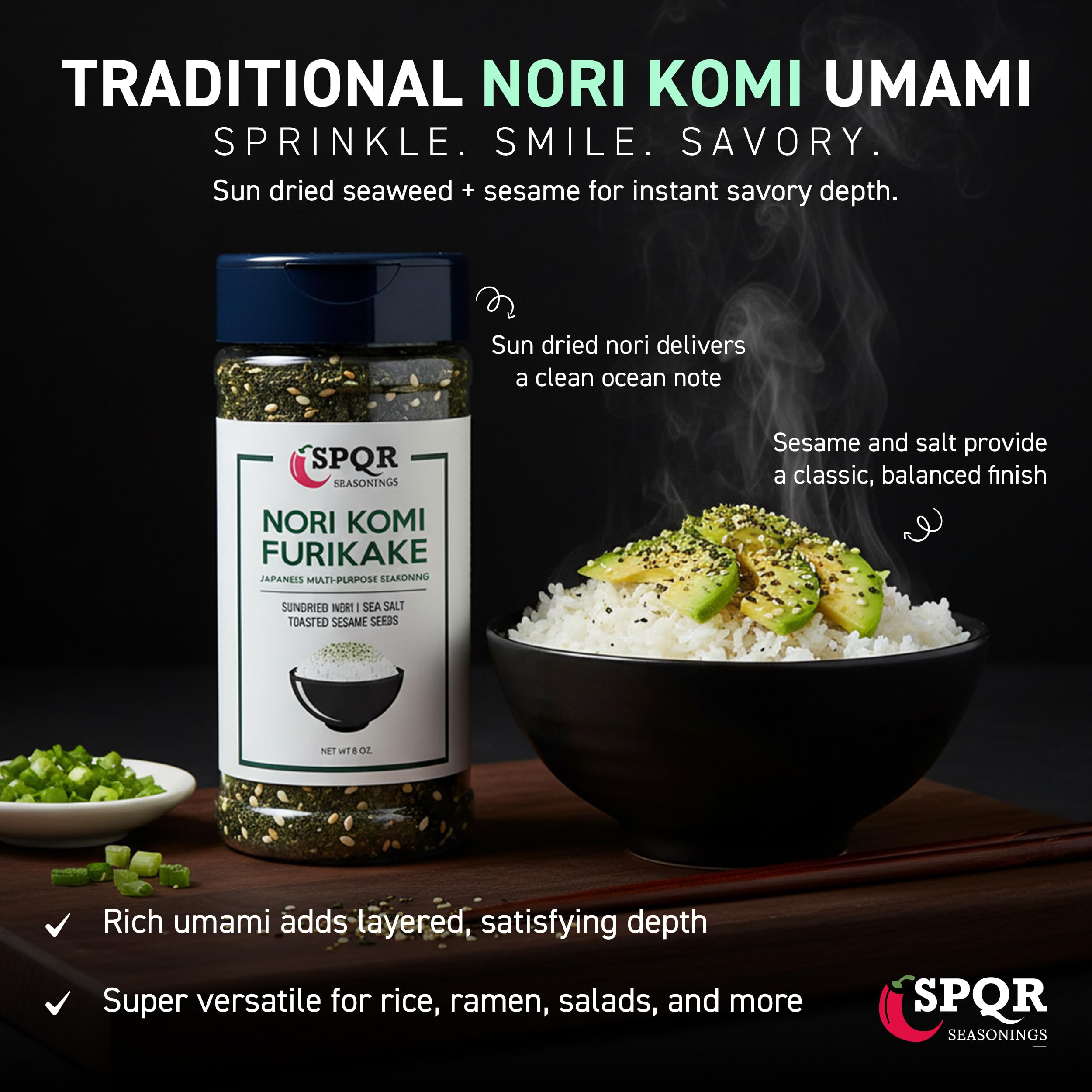 SPQR detalle de textura de furikake con algas y semillas, añade crujiente