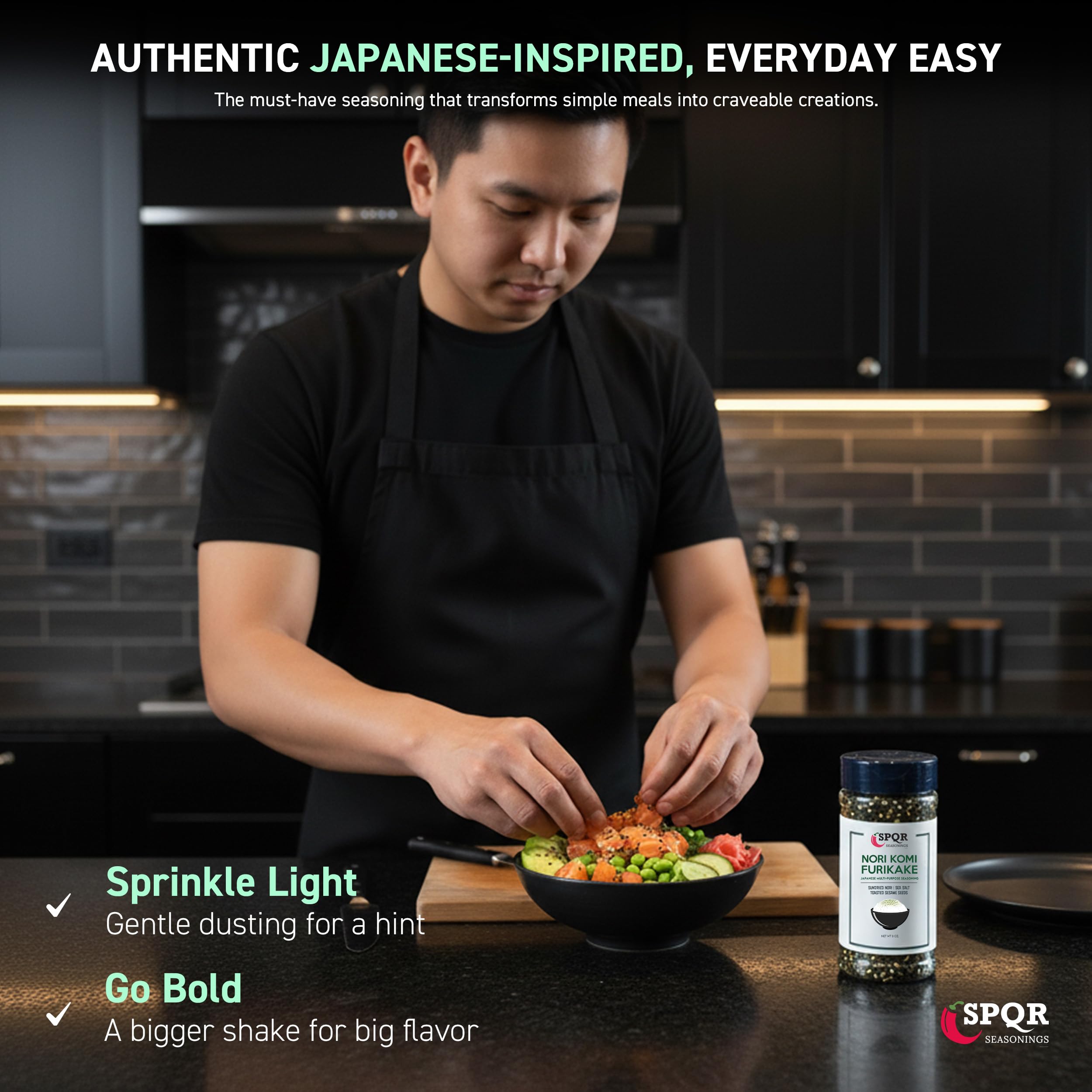 SPQR furikake usado en ensalada fresca, intensifica sabor vegetal