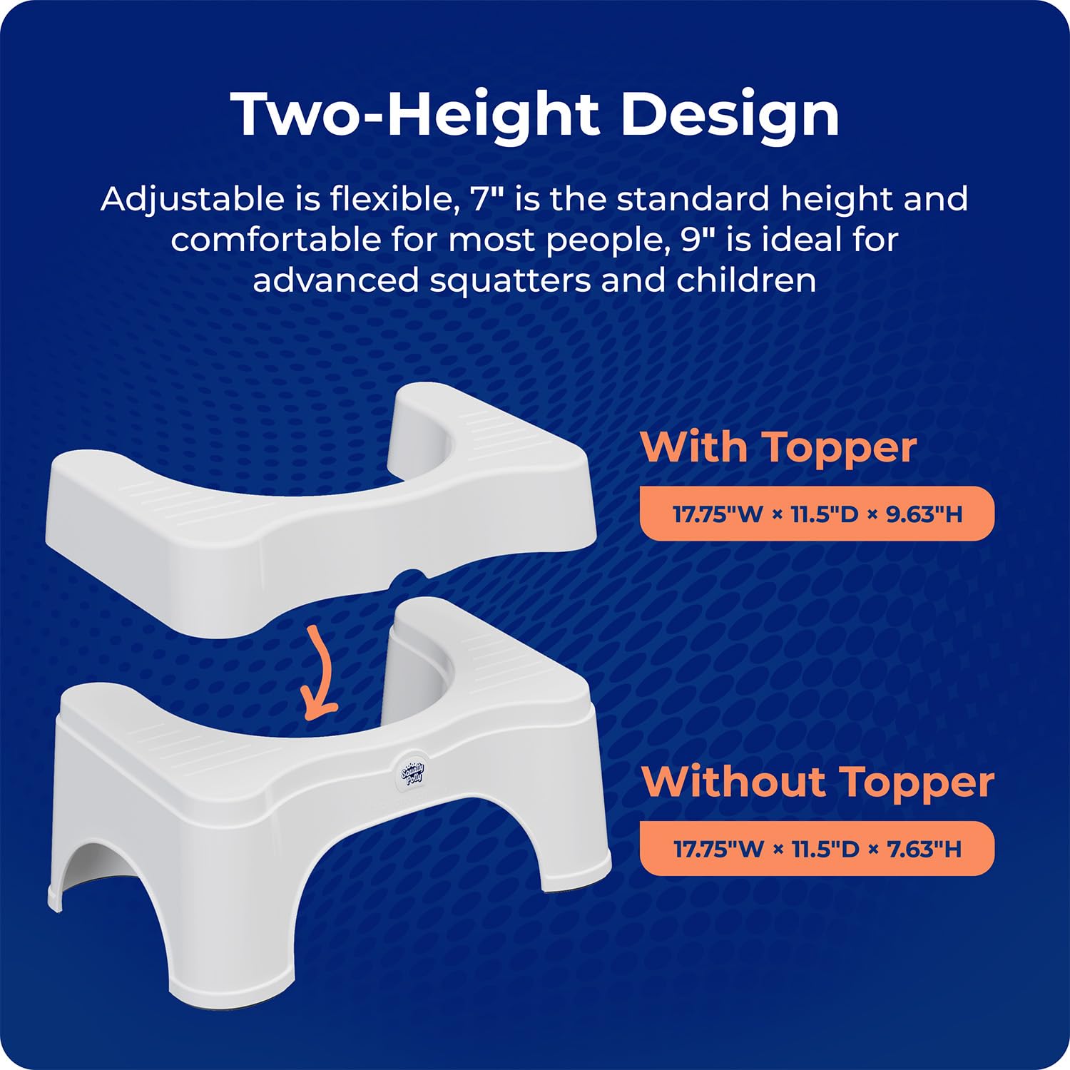 Squatty Potty caja y etiqueta con información de dimensiones