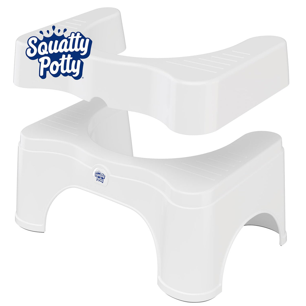 Squatty Potty vista frontal blanco mostrando diseño y tamaño práctico