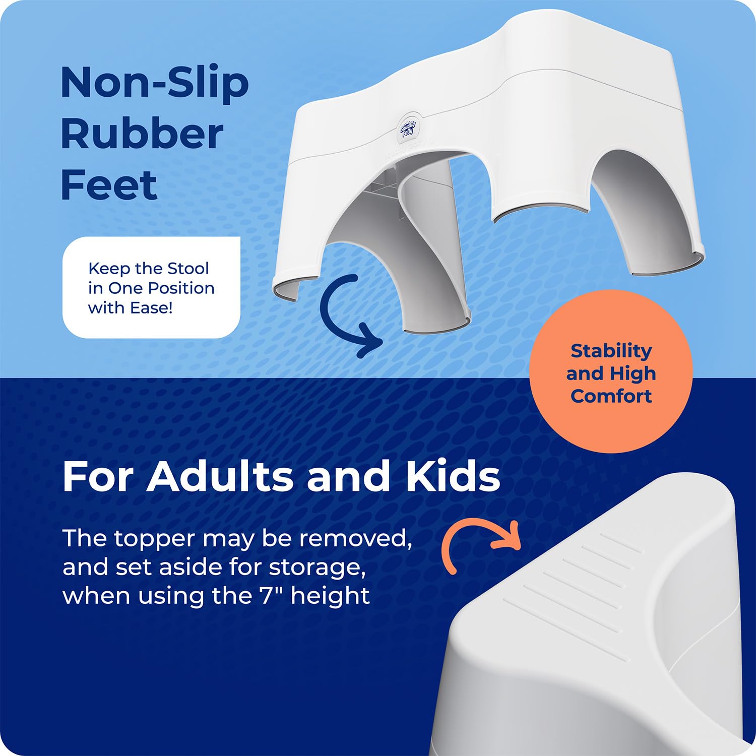 Squatty Potty guardado bajo lavabo ahorro de espacio en baño