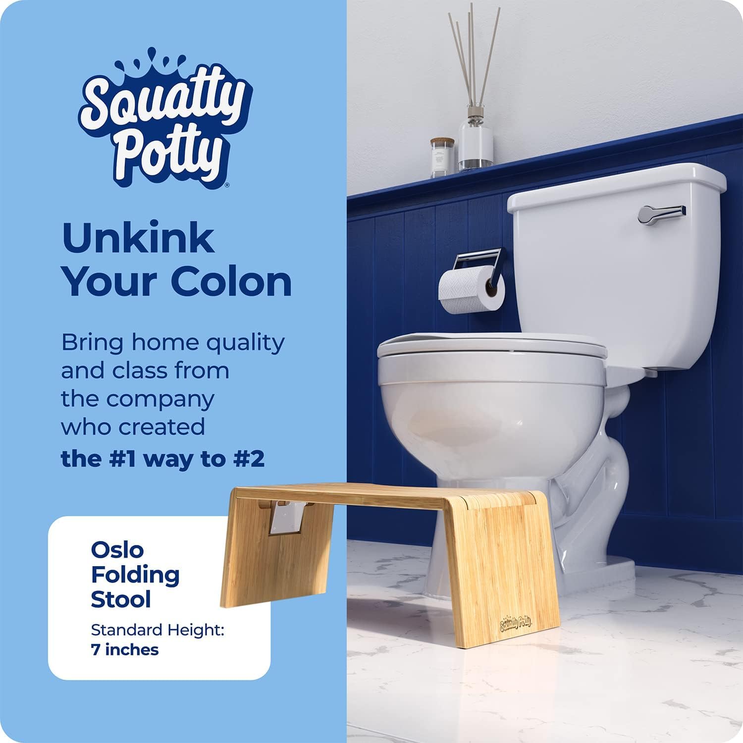 Squatty Potty Oslo plegado lateral enfatizando portabilidad y ahorro de espacio