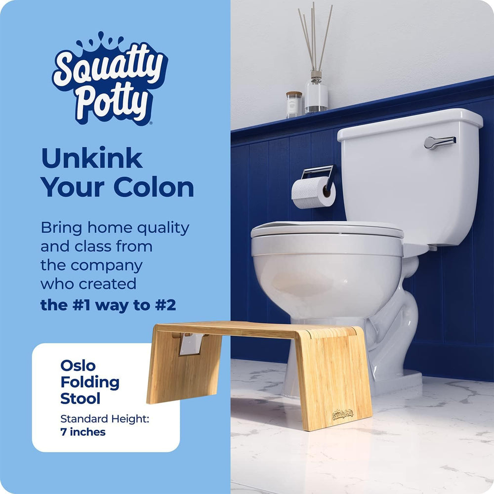 Squatty Potty Oslo plegado lateral enfatizando portabilidad y ahorro de espacio