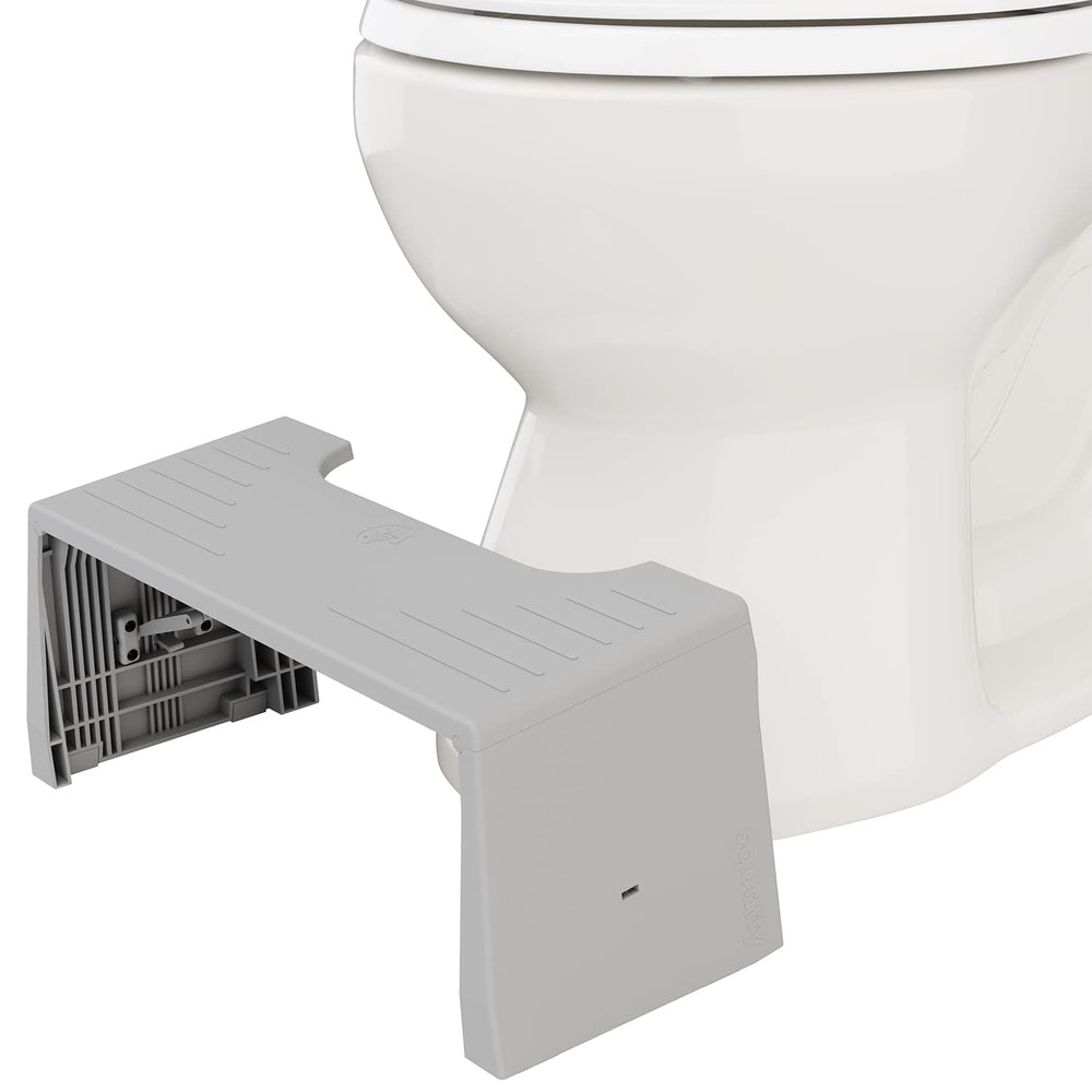 Squatty Potty vista frontal plegado, portátil y discreto para viajes