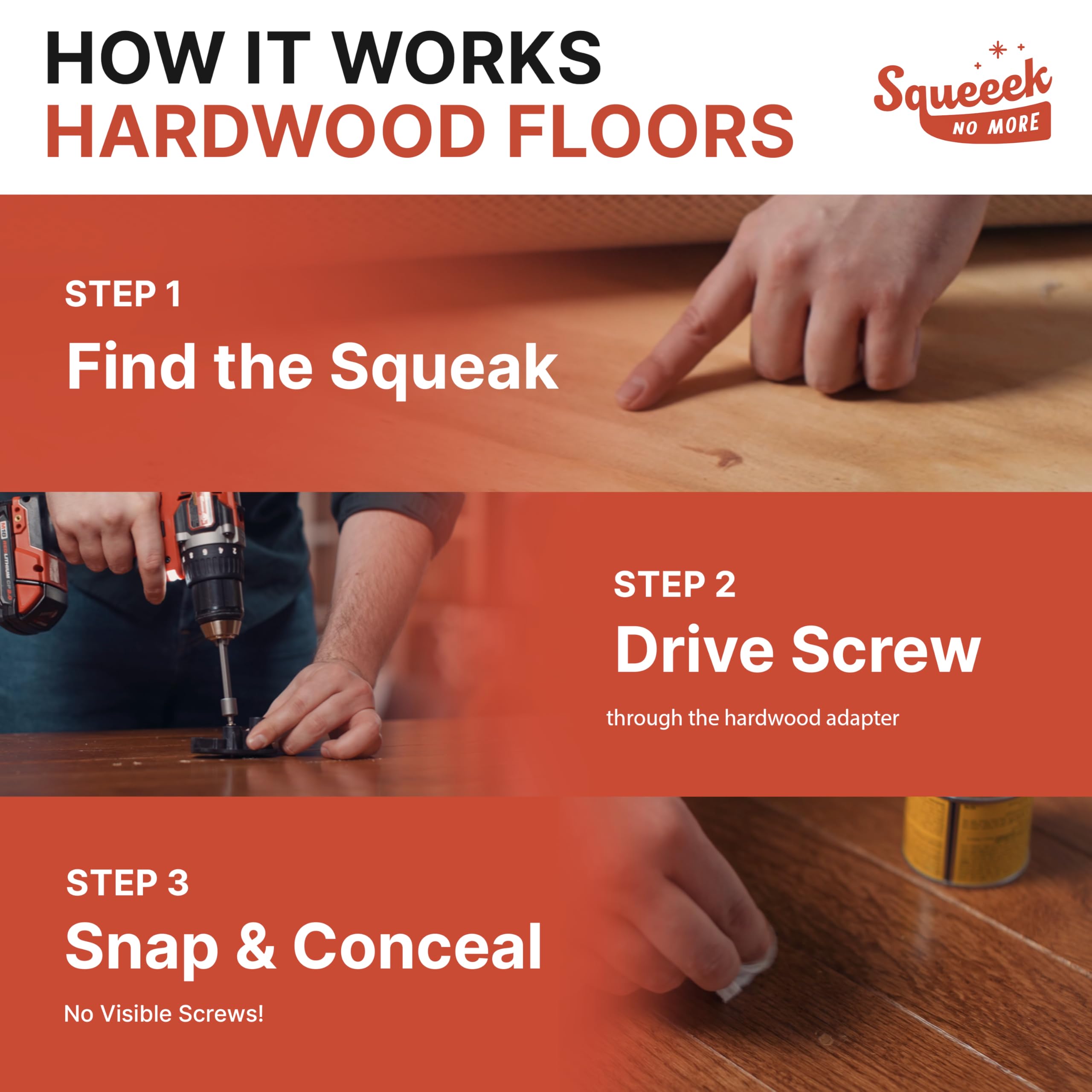 SQUEEEK NO MORE in use driving a counter-snap screw to stop floor squeak