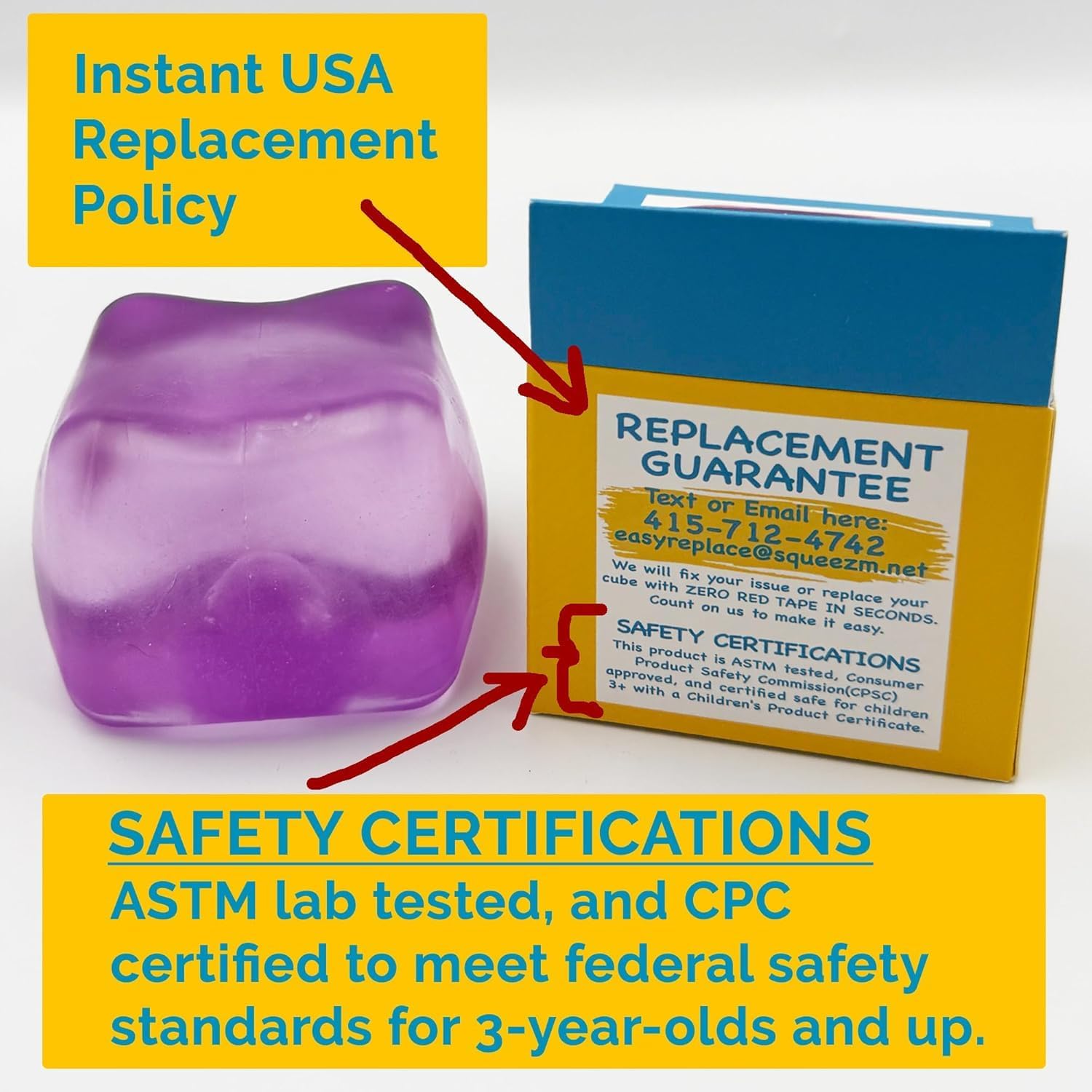 Squeez'M etiqueta con certificación ASTM F963 y materiales seguros
