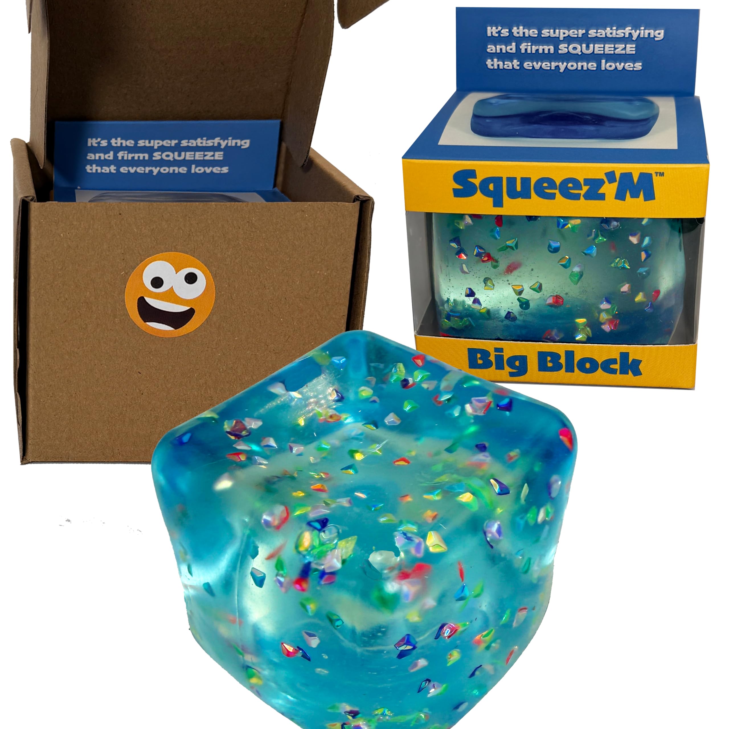 Squeez'M cubo glitter frontal mostrando purpurina y diseño claro para enfoque táctil
