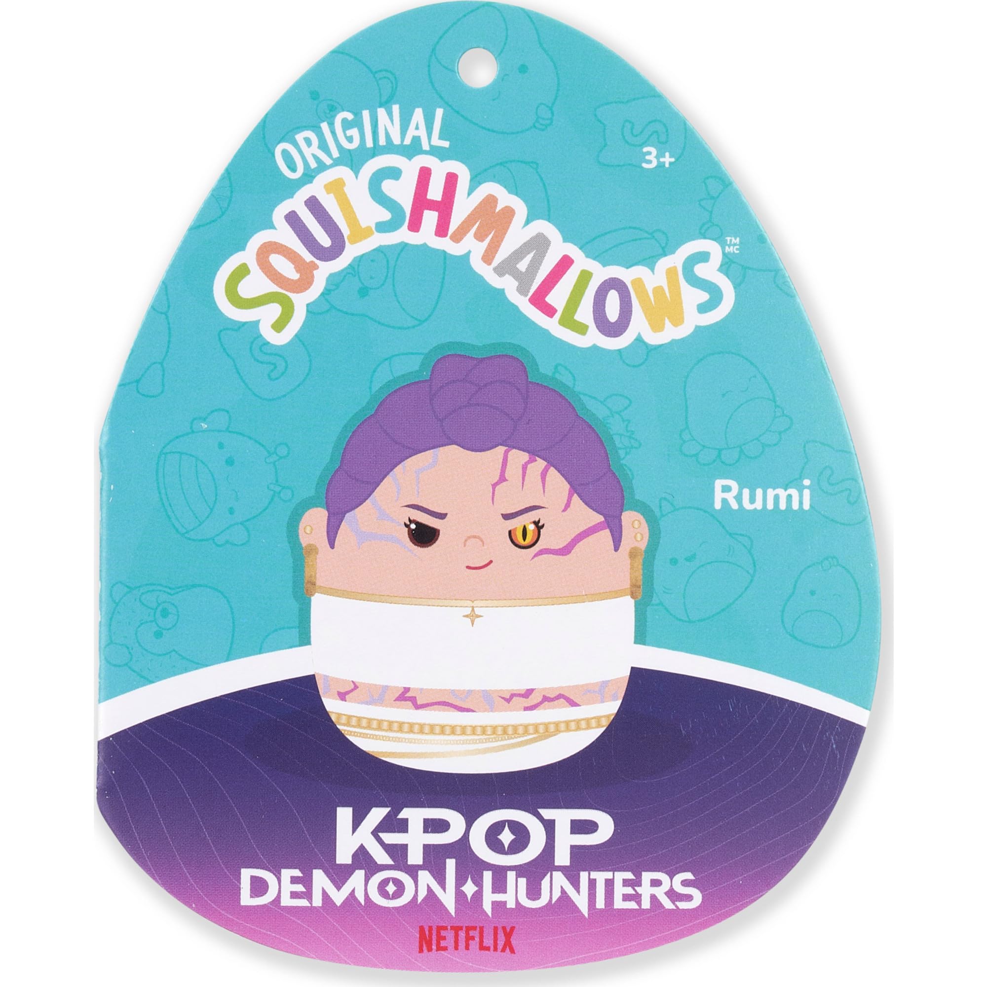 Rumi junto a Jinu y Derpy mostrando colección KPop Demon Hunters de Squishmallows