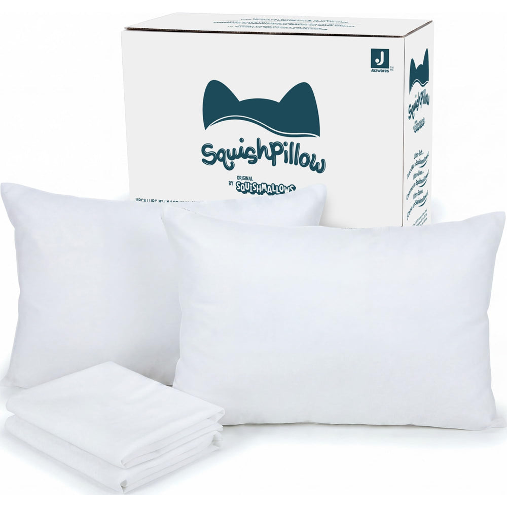 SquishPillow frente y empaque mostrando dos almohadas SquishPillow con aspecto acogedor