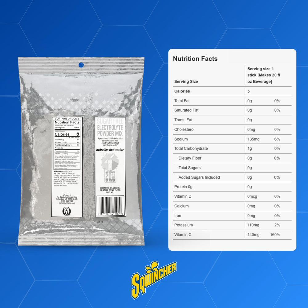 Sqwincher etiqueta nutricional mostrando información sin azúcar
