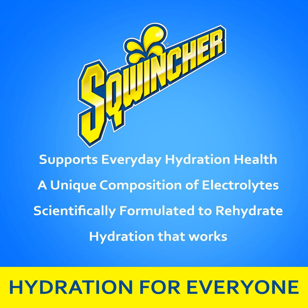Sqwincher sobres variados desplegados destacando variedad de sabores
